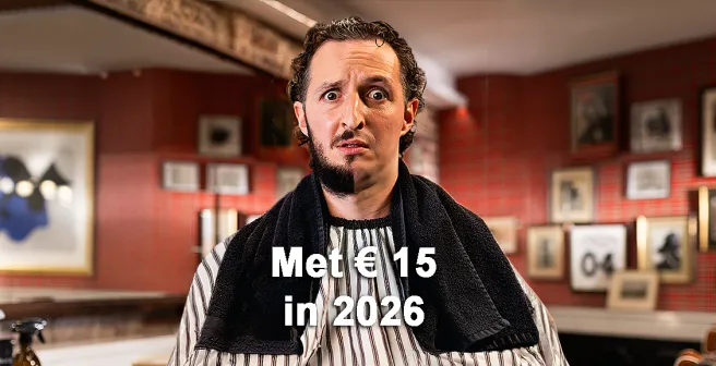 Campagnebeeld waarbij een man maar halfgeschoren is bij de barbier