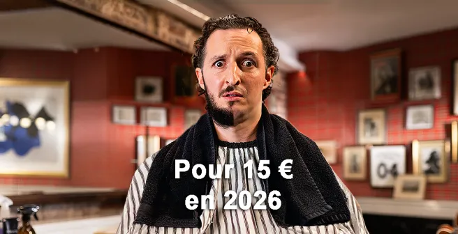 Visuel de campagne montrant un homme à moitié rasé chez le barbier