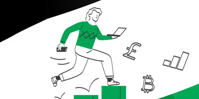 Getekend Crelan-campagnebeeld 'Geldwijs' met man die met smartphone en laptop over blokken en tussen valuta's wandelt