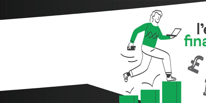 Image de campagne Crelan dessinée « Geldwijs » avec un homme marchant sur des blocs et entre des devises avec un smartphone et un ordinateur portable