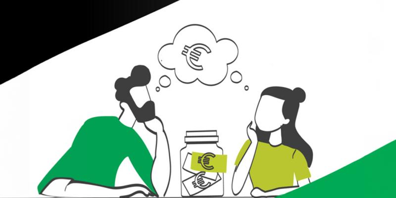 Getekend Crelan-campagnebeeld 'Oog in oog' met man en vrouw die over hun spaargeld dromen