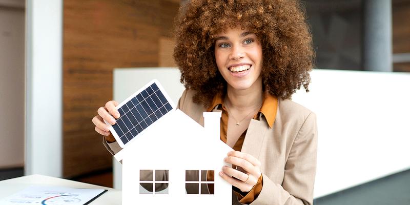 Une jeune femme contemple avec satisfaction la maquette de sa maison de rêve