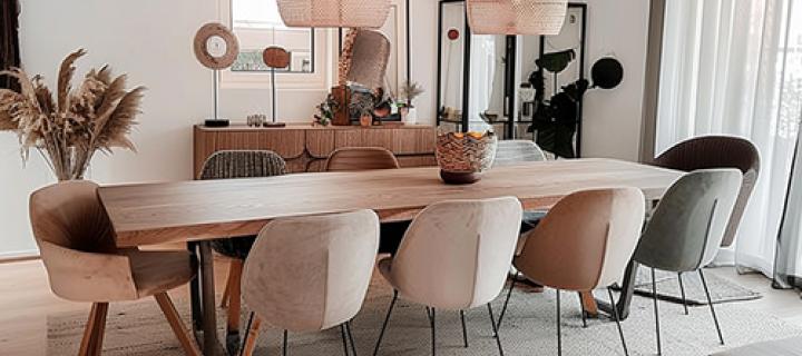 Grote gezellige eettafel met kuipstoelen